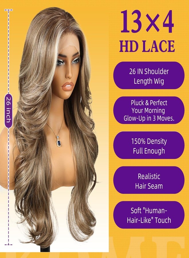 KOME Ash Brown Highlight Synthetic Lace Front Wig,13x4 HD Lace Layered Wave Glueless Wigs for Women Daily Use 26IN - Image 4